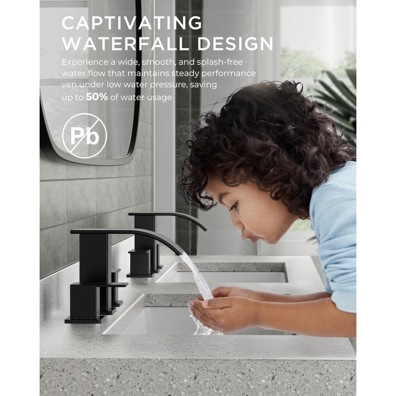 FORIOUS Square Matte Black Bathroom Faucets 3 Hole, Waterfall 8