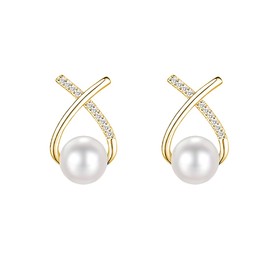 SLUYNZ Sterling Silver CZ X Cuff Earrings Studs for Women Pearls Ear Cuffs Earrings Piercings (B-Gold)