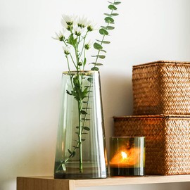 Jarrón de vidrio verde con boca dorada para centros de mesa, decoración del hogar y boda (1, Pequeño)