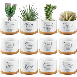 Fumete 12 Pcs White Bible Verse Succulent Pots with Drainage 3.15 Inch Mini Ceramic Flower Planter Pot with Bamboo Tray Small Plant Pots Christian for Friends, Plants Not Included(Special Style)