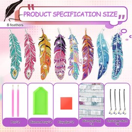 Pack of 8 Diamond Painting Bookmarks, Diamond Painting Feather, Diamond Painting Children Adults with Pendant Crystal, Diamond Painting for Beginners DIY Gift Girls 7 8 9 10 11 12 Years