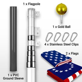 G128 Combo Pack: 25 Ft Telescoping Aluminum Flagpole (Silver) & American and Betsy Ross Flags 3x5 Ft, Both ToughWeave Series Embroidered Polyester | Pole with Flags Included