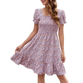 Lyrur Women's Smocked Dress with Pockets Short Sleeve Square Neck Flowy Aline Casual Summer Pink Sun Dress (XL,7036 Pink Floral)