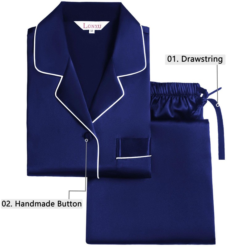 LONXU Women‘s Satin Pajamas Set Navy Blue L