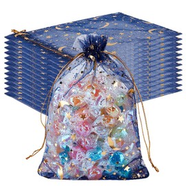 Beebeecraft 50Pcs Organza Bags Gold Stamping Stars Marine Blue Drawstring Mesh Bags Rectangle Candy Gifts Storage Favor Pouches for Christmas Wedding Party Valentine's Day 5x7 Inch