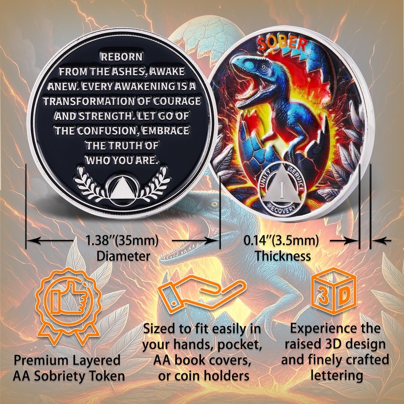 Leafence Sober Coin for Reborn Raptor Sobriety Chip Dinosaur Recovery