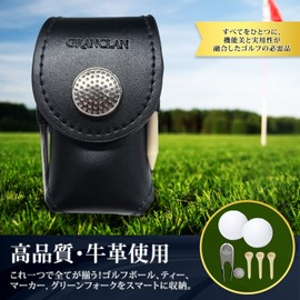 Golf Ball Case, Ball Pouch, Cowhide Leather, 5 Piece Set, 2 Balls, Green Fork, Marker, Magnetic Tee, Compact GRANCLAN