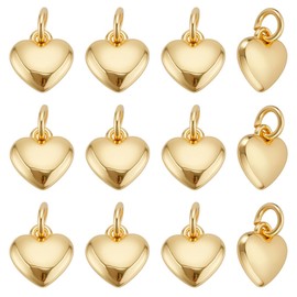 CRAFTYMELODY 12 pieces 18K gold-plated 3D heart charms "Sweet Love" with jump ring brass pendant 10 x 9 x 3 mm for bracelets, necklaces, earrings