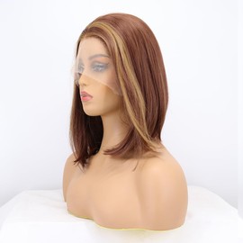 xiweiya Brown Short Wigs Blonde Highlight Brown Hair Synthetic Lace Front Wig Black Brown Color Bob Wig Middle Part Heat Resistant Fiber Hair for Women 14inch