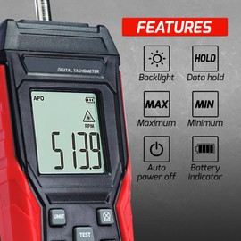 Digital 2-in-1 Tachometer Noncontact Laser Photo Sensor 3~99999RPM and Contact 3~19999RPM Meter RPM Gauge Tester Professional MAX/MIN/Hold Data, Handheld Car Engine Tool