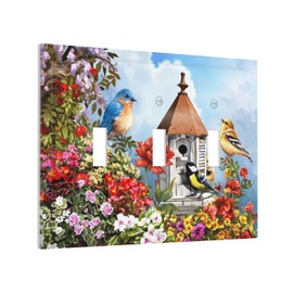 Colorful Songbird Birdhouse in Garden Flower 3 Gang Triple Toggle Light Switch Wall Plate Cover Decirative Electrical Faceplate for Bathroom Home Living Room 6.7" x 4.8"