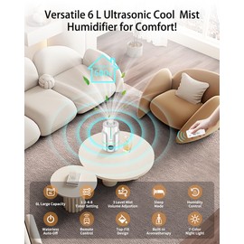 LRAZU 6L Humidifiers for Bedroom, Humidifiers for Home Large Room, Cool Mist Humidfiers for Baby and Plant with Timer, Top-Fill Design, Essential Oil Diffuser, Remote Control, 50H Runtime, White