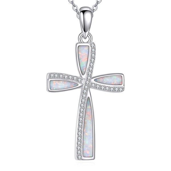 URONE Opal Cross Necklace for Women 925 Sterling Silver White