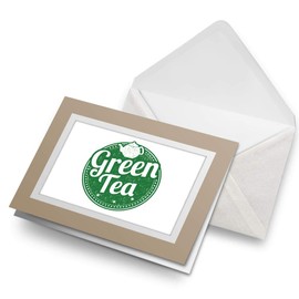 Greeting Cards Biege (Insert) - Green Tea Healthy Organic Tea Cup Blank Greetings Card Birthday Kids Party Boys Girls #5171
