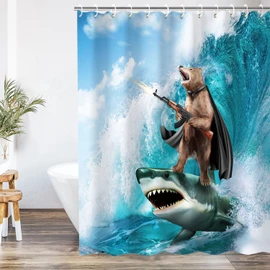 RosieLily Funny Shower Curtain, Bear Shower Curtains Set with 12 Hooks, Waterproof Shower Curtain, Decor Bear Shark Surfing Kids Shower Curtain , 72x78''