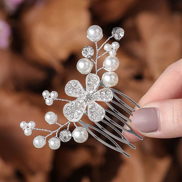 Zoestar Hair Combs with Flower Bridal Silver Crystal Headpiece Beads Bridal Hair Accessories for Women Girls