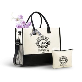 InnoBeta 80th Birthday Gifts for Women Canvas Tote Bag, 80th Birthday Decorations for Women, 80 Year Old Birthday Gifts for Women, Tote with Top Zipper Closure and Shoulder Strap for Birthday