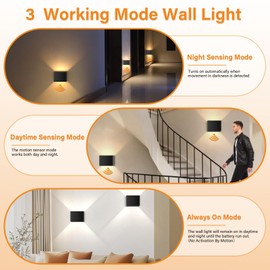 DUMILOO Motion Sensor Wall Light with Remote Control, Rechargeable Battery Operated Wall Sconce with 3 Colors, Wireless Magnetic Wall Lamp, LED Indoor Up and Down Wall Mount Light, Black, 2-Pack