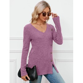 Akiooue Women's Autumn Clothes, Long Sleeve Plus Size Clothing Knitwear Oversized V Neck Jumpers Sweater Tops V Neck Sweatshirts Womens Long Sleeve Tops Fuchsia