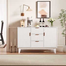 GarveeHome Fluted Buffet Storage Cabinet, 47.2in Large Coffee Bar Kitchen Sideboard Cupboard with 3 Drawers 2 Doors for Living Room Entryway, White