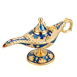 LAUYOO Vintage Aladdin Magic Genie Lamp Costume Accessory Gift for Women Classic Arabian Props Aladdin Pot Decor (Blue Gold)