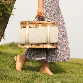 G GOOD GAIN Picnic Basket for 2 - Wicker Picnic Set with Waterproof Blanket| Large Picnic Hamper with Insulated Cooler & Cutlery Kit for Couples Camping,White Flower,15x11x7.5inch