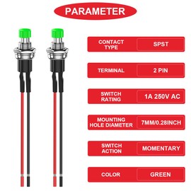 MKBKLLJY Pack of 15 7 mm Green Push Button Switch 1A 100V 110V 220V 250V AC 2Pin SPST ON OFF 1A 12V 24V 36V DC Mini Micro Round Switch with Pre-Wired Wires for Car Boat Motorcycle Coffee Pot