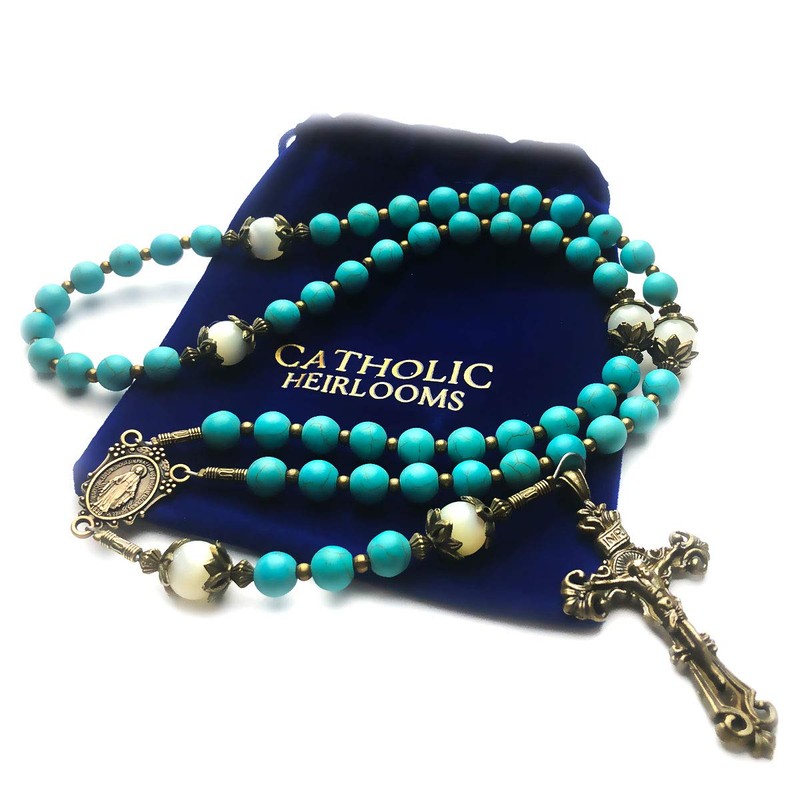 Turquoise and Mother of Pearl Stone Rosary with Miraculous Medal