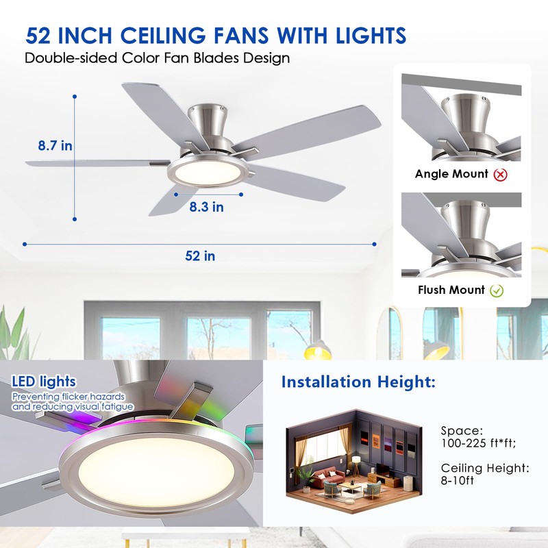 BYKISTOK 52" RGB Ceiling Fan with Light and Remote/App -