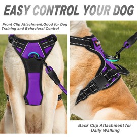 BARKBAY No Pull Dog Harness Front Clip Heavy Duty Reflective Easy Control Handle for Large Dog Walking(Purple,M)