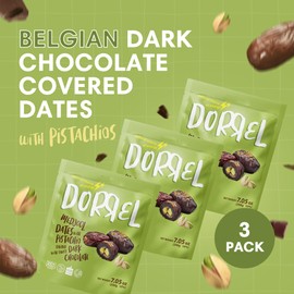 DORREL - Belgian Dark Chocolate Covered Dates (Medjool) with Pistachio Stuffing, High Energy Vegan Choco Snack, Delicious, Kosher & Non-GMO, Pack of 3 Stuffed Chocolate Dates, 7.05 oz / 200 g Ea