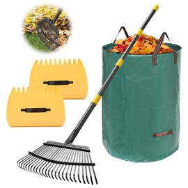 Rake for Leaves: Large 18" Wide Metal Leaf Rake, 65” Long Handle,25 Tines,Heavy Duty Graden Rakes Set for Lawn Yard Pine Needles Mulch Thatch Debris Cleanup Set with 32Gallon Leaf Bags and Scoops