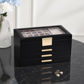 Lolalet Earring Storage Box Case, Large Earring Jewelry Holder Organizer for Women, Glass Top Display, with Drawer and Grid -4 Tiers，Black