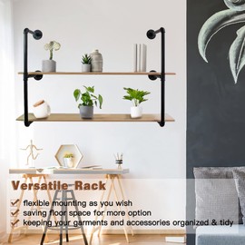 Varsoul Clothes Hanger Pole Wall Mount, 72" Heavy Duty Detachable Black Iron Garment Bar Hanging Rod Holder, Clothes Rail Shelf Wardrobe Organizer for Laundry Room & Closet Storage, 3 Base