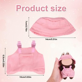 lasuroa 2pcs Miniature Doll Clothes Set, Pink Fisherman Hat & Overalls with Pocket Cute Outfit for 6.69in Plush Dolls (No Doll)