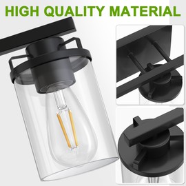 L LOHAS LED 3-Light Bathroom Light Fixtures, 17.8-Inch Black Bathroom Vanity Light with Clear Glass Shade, Modern Vanity Lights for Bathroom Light Fixtures Over Mirror Living Room Hallway, E26, ETL