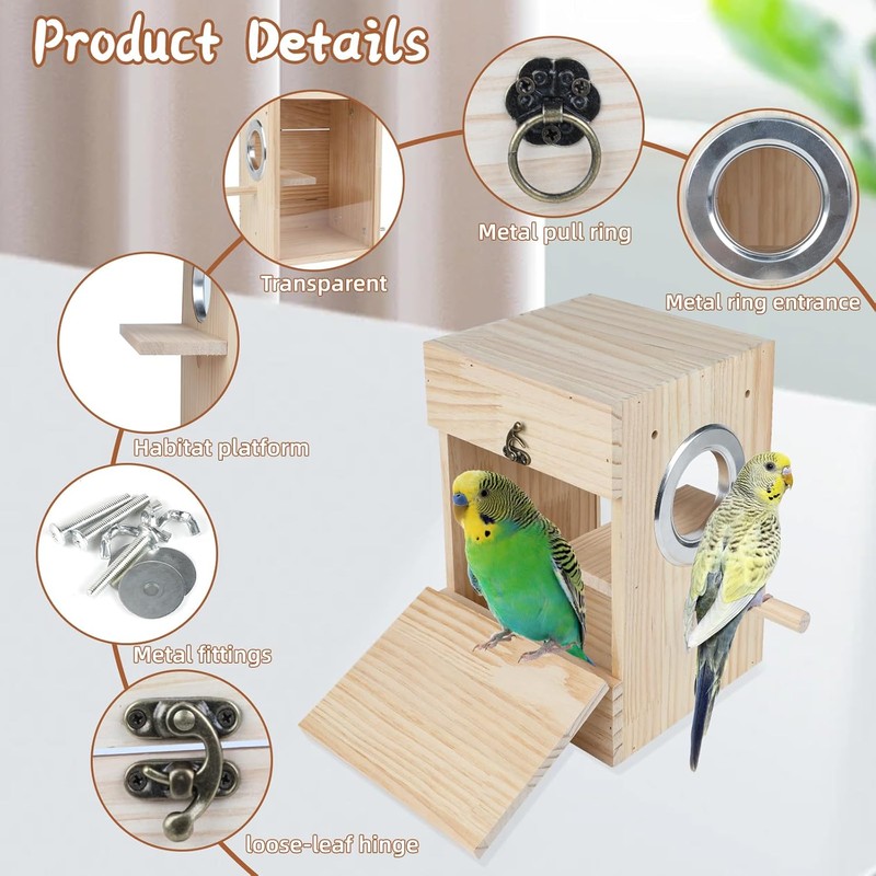 Parakeet Nesting Box Transparent Design, Natural Wood Bird Nest Breeding