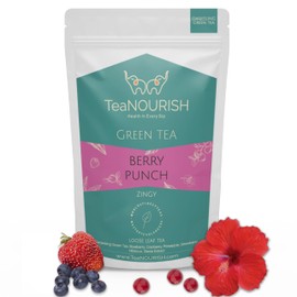 TeaNOURISH Berry Punch Green Tea | Zingy & Refreshing | Darjeeling Tea Loose | 100% Natural Fresh Berries & Hibiscus Flower | Brew Hot or Iced Tea - 3.53oz/100g
