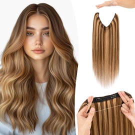 Benehair #4P27 Medium Brown Mix Dark Blonde Clip in Hair Extension on Wire 100% Remy Real Human Invisible Secret Wire Hair Extensions Straight 16 Inches (65g)