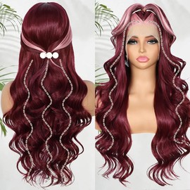 BABEHERS Burgundy Lace Front Wig for Women Skunk Stripe 13x4 Body Wave Synthetic Wigs Highlight Pre-plucked Long Wavy 150% Density Natural Heat Resistant Hair Daily Use 26 Inch