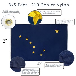 Anley EverStrong Series Embroidered Alaska State Flag 3x5 Feet - Embroidery & Heavy Duty Canvas Header - 4 Rows of Lock Stitching - Nylon Alaska AK State Flags with Brass Grommets 3 X 5 Ft