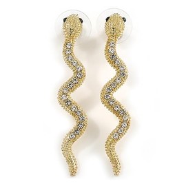 Clear Crystal Textured Snake Drop Earrings In Silver Tone - 50mm L