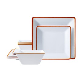 TP 12-Piece Melamine Dinnerware Sets, Plates and Bowls Dishes Set for 4, Break-Resistant & Non-Microwavable, Lightweight Square Dinner Plates, White with Rim