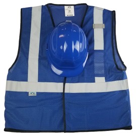 NON-ANSI Mesh Safety Vests w/Silver Stripes and ERB Hard Hat w/Ratchet Suspension (LG/XL, Blue)