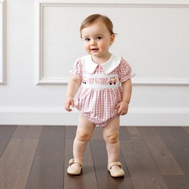 Fuethsuy Infant Baby Girl Golf Clothes Dad's Girl Golf Car Embroidery Bubble Romper Plaid Short Sleeve Bodysuit Summer Outfit (Pink, 12-18 Months)