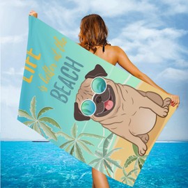 feelacle Pug Dog Sand Free Beach Towel Absorbent Bath Towel Large Hand Towels for Swimming Bathroom Spa Pool