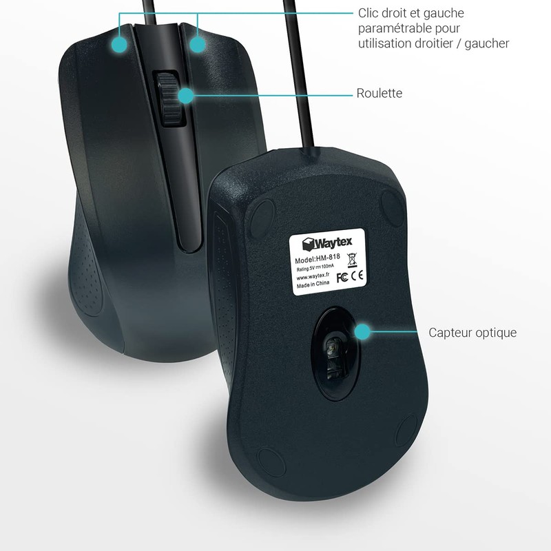 Waytex 65106 USB-Maus, kabelgebunden, schwarz, mit 3 Tasten und optischem