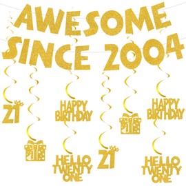 21st Birthday Banner Decorations Gold - Awesome Since 2004 Glitter Banners and Hanging Swirls, Happy 21st Birthday Party Decoration for Her and Him
