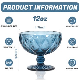 CHLJAR Vintage Glass Dessert Bowls Set of 6-12 Oz, Blue Embossed Glass Ice Cream Bowls for coconut peach ice cream Fruit Pudding Trifle Parfait(12 Oz, rhombic)