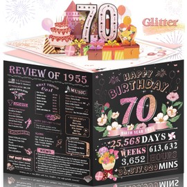 Aiunmiol 70th Birthday Card for Women Her, Jumbo 3D Pop Up 70th Bday Card for Mom Grandma, Happy 70 Year Old Funny Birthday Decorations Gifts, Back in 1955, Pink